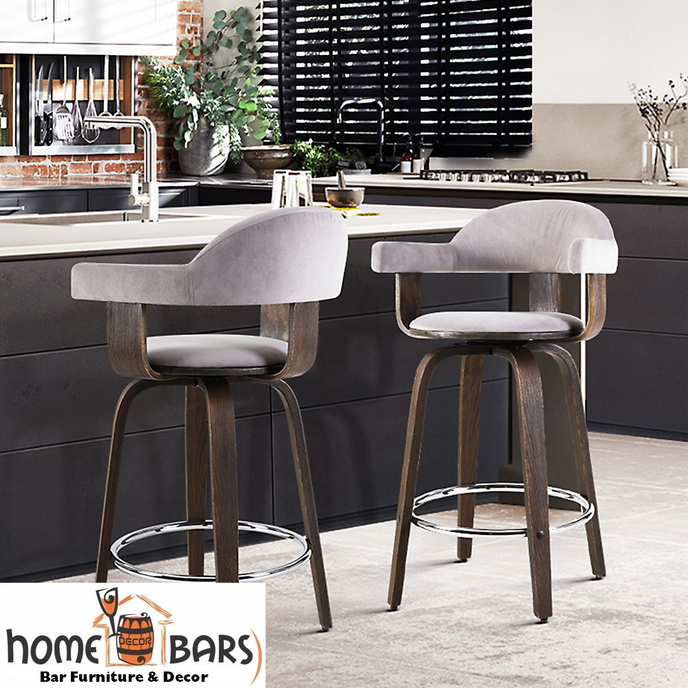 Set of 2 Bar Stools Wooden Swivel Bar Stool Kitchen Dining Chair - Wood, Chrome and Grey