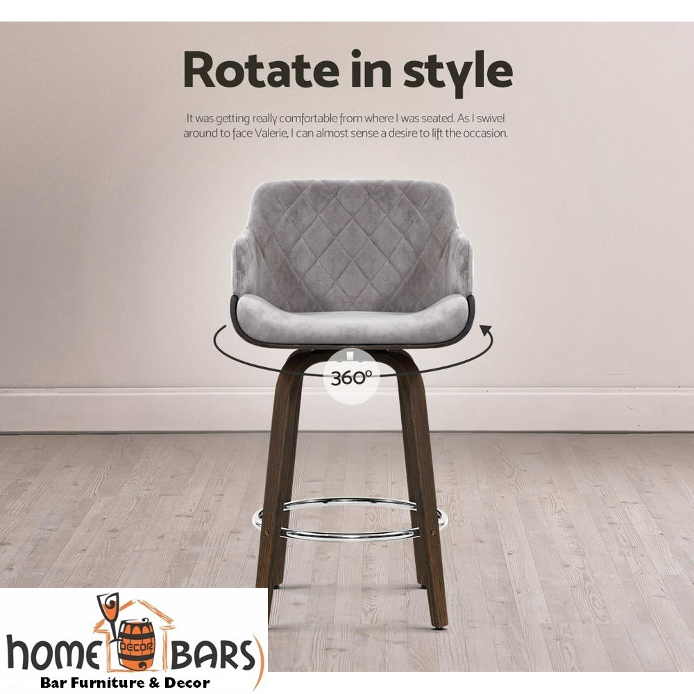 Velvet Bar Stool Swivel - Grey and Wood