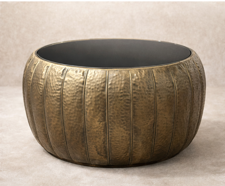 Luxury Hammered Bronze Round Coffee Table with Glass Top