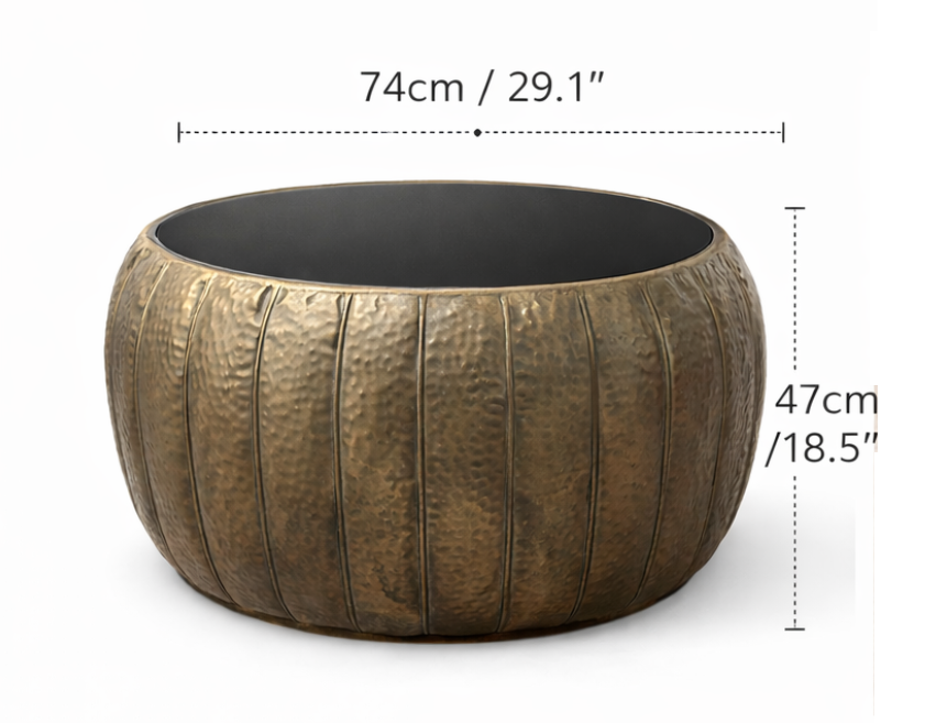 Luxury Hammered Bronze Round Coffee Table with Glass Top
