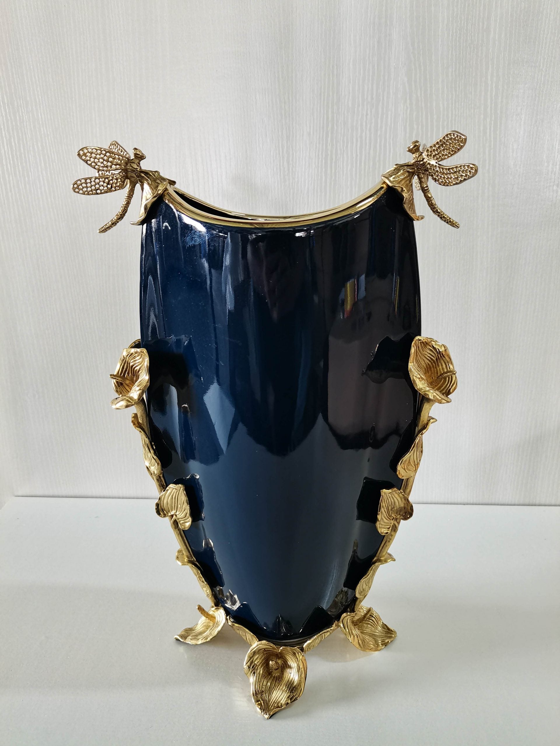 Blue Ceramic Vase with Brass motif