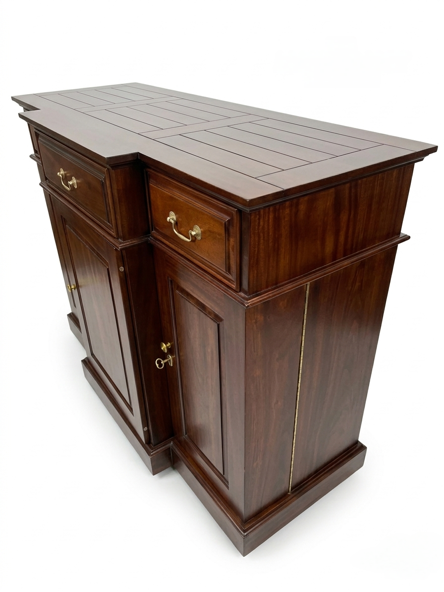Wooden sideboard with drawers and cabinet doors on a white background