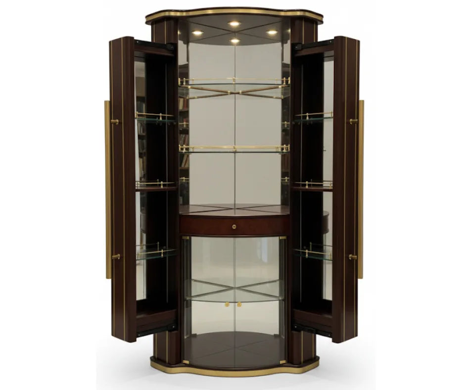 Dark mahogany and brass bar cabinet with open doors, revealing glass shelves, a mirrored interior, and a lower glass door. The cabinet is shown on a white background.