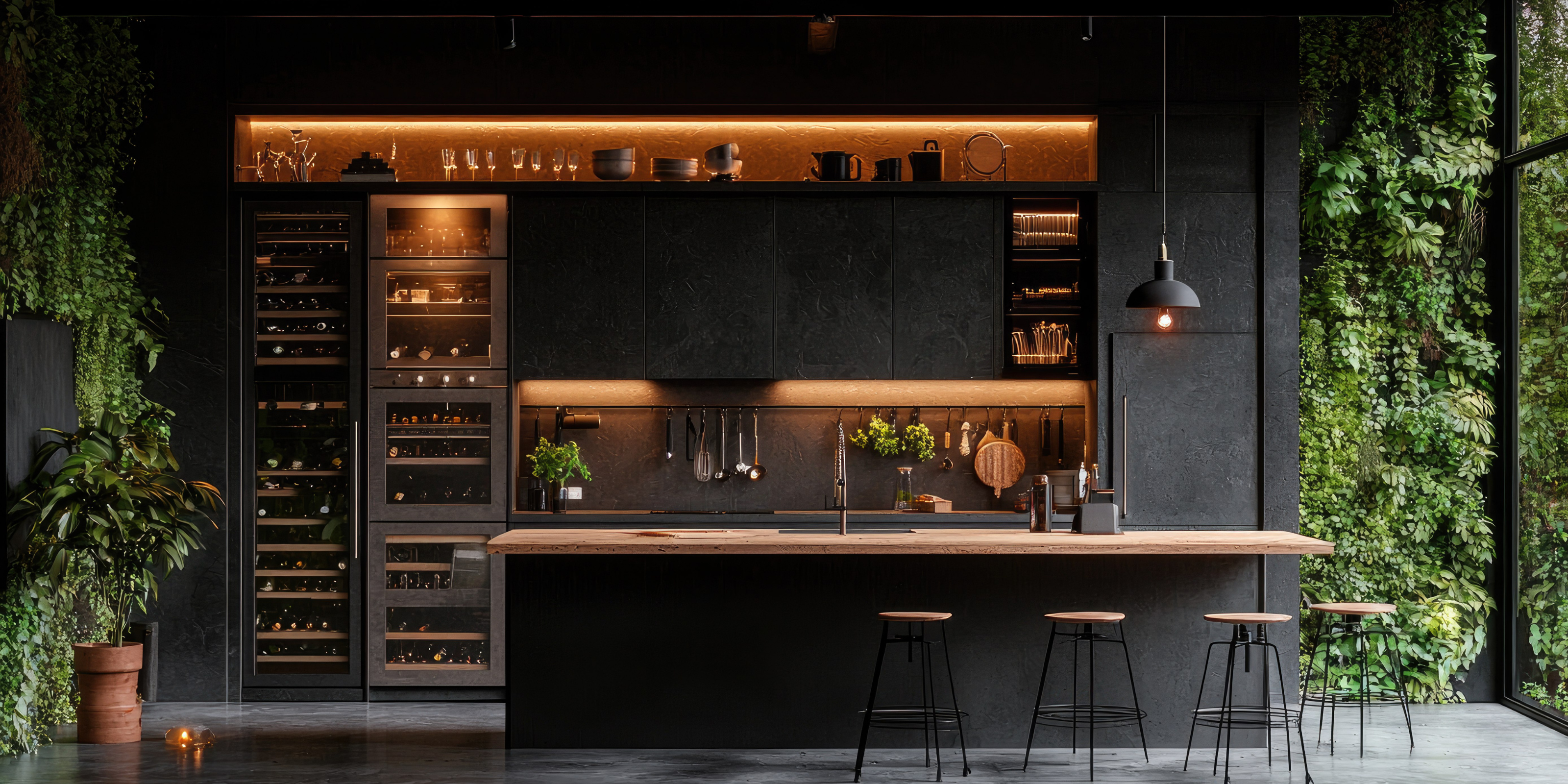 Modern Bar with dark walls, wooden countertops, and greenery