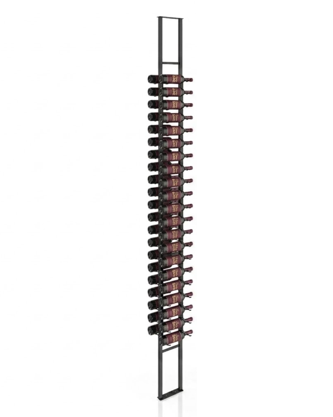 A tall, narrow wall-mounted wine rack with multiple horizontal shelves holding wine bottles, shown against a plain white background.