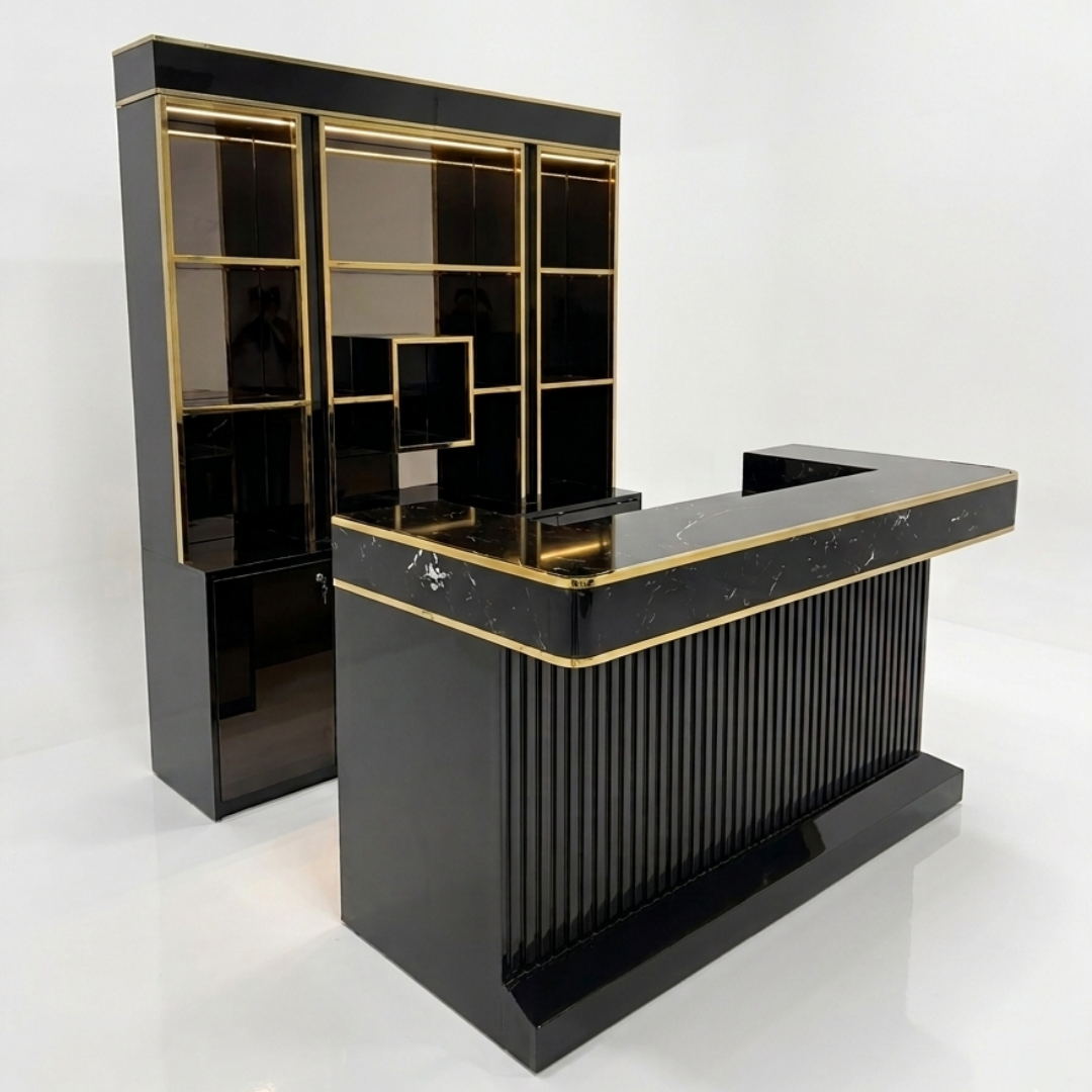A modern Bar design and matching shelving unit in glossy black with gold trim and warm under-cabinet lighting, perfect for Home Bar.