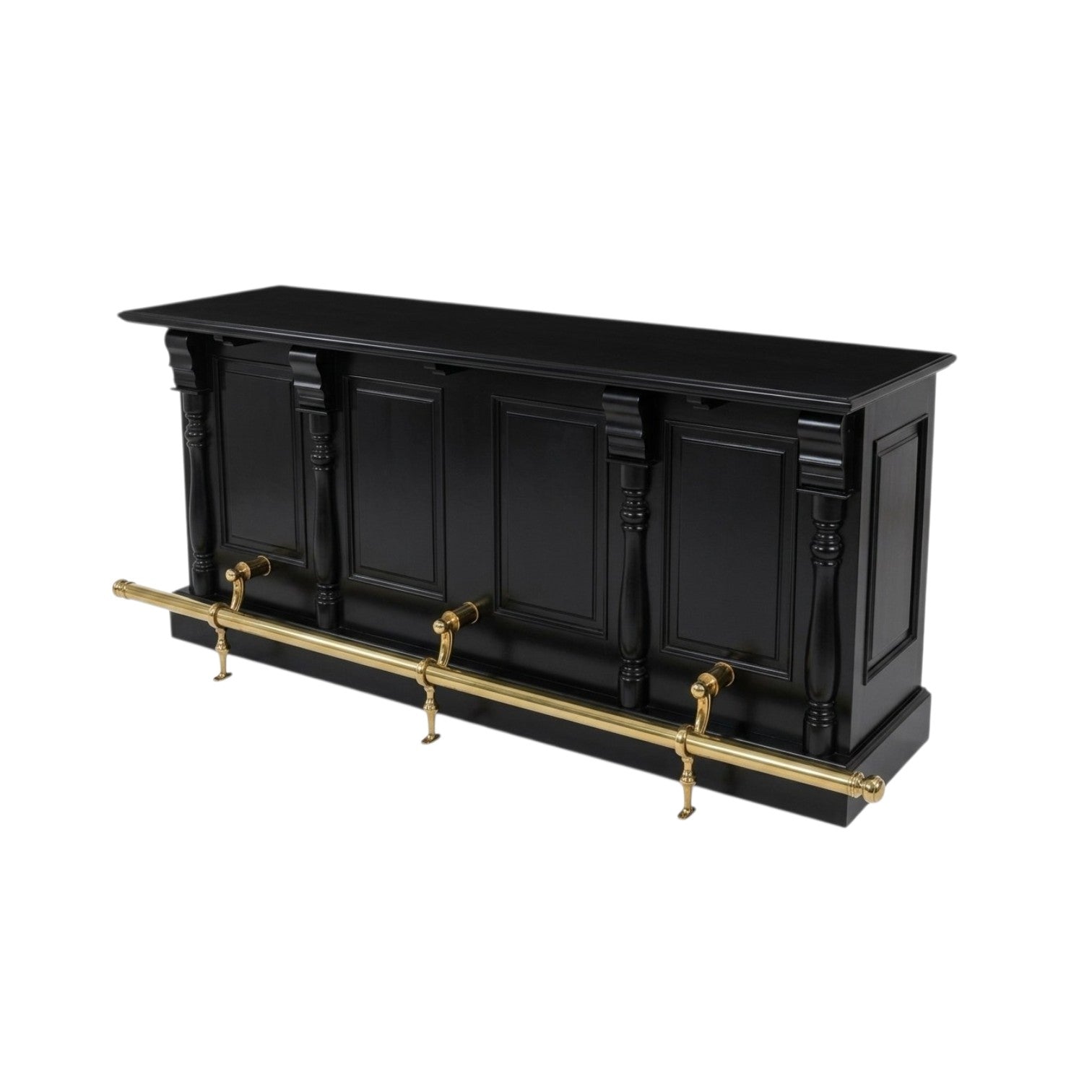 A black wooden bar counter or storage unit with decorative paneling and a brass rod holding three gold-toned hooks, for home bars.