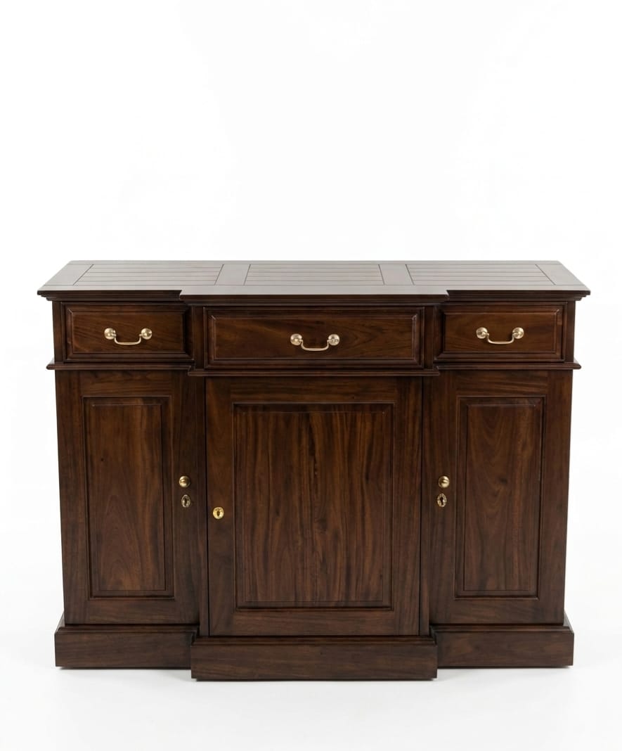 Dark wooden sideboard with drawers and doors on a white background