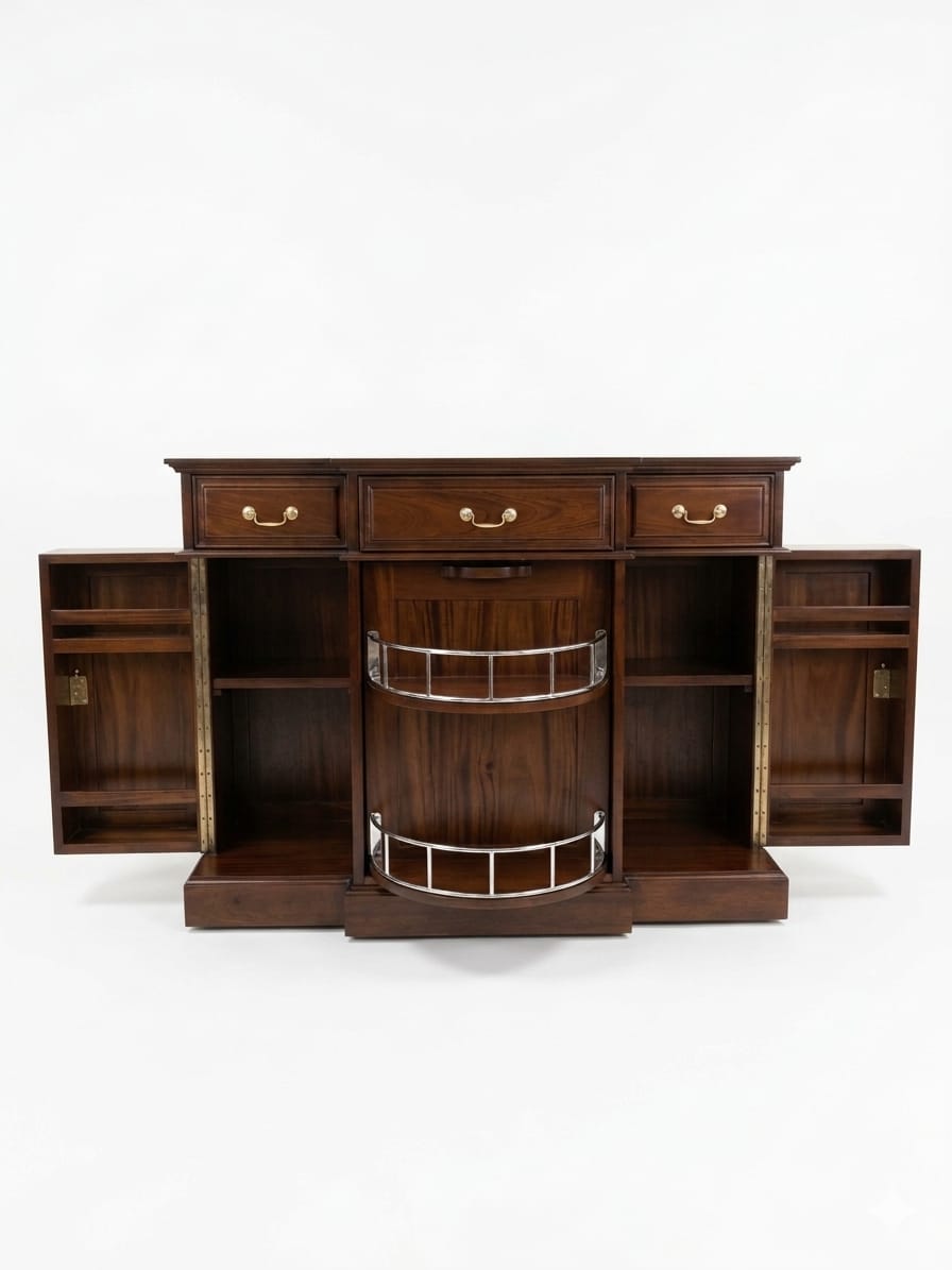 Wooden bar cabinet with shelves and drawers on a white background