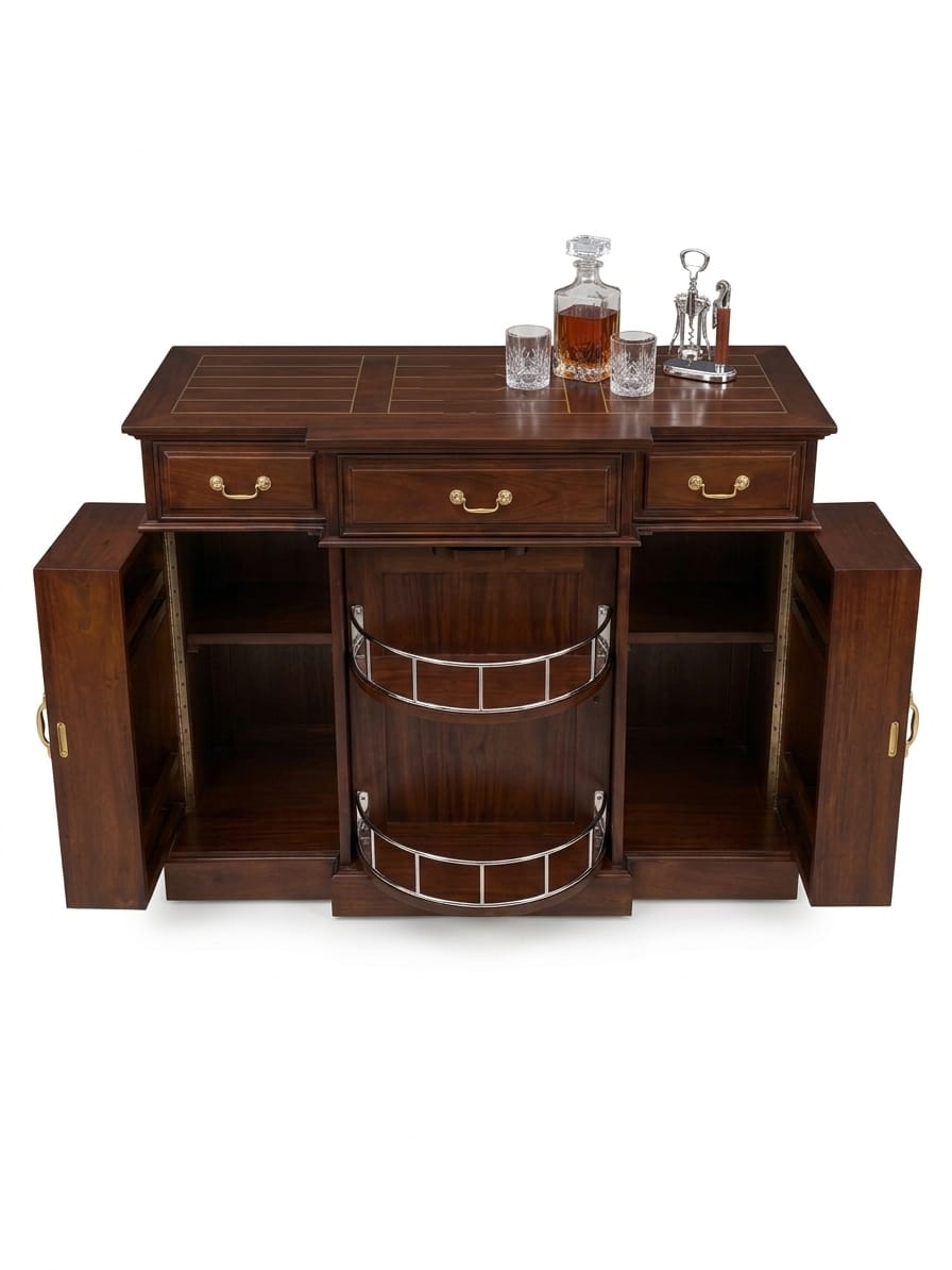 Wooden bar cabinet with open doors on a white background