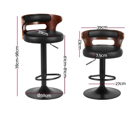 Set of 2 Kitchen Wooden Leather Metal Black Barstools