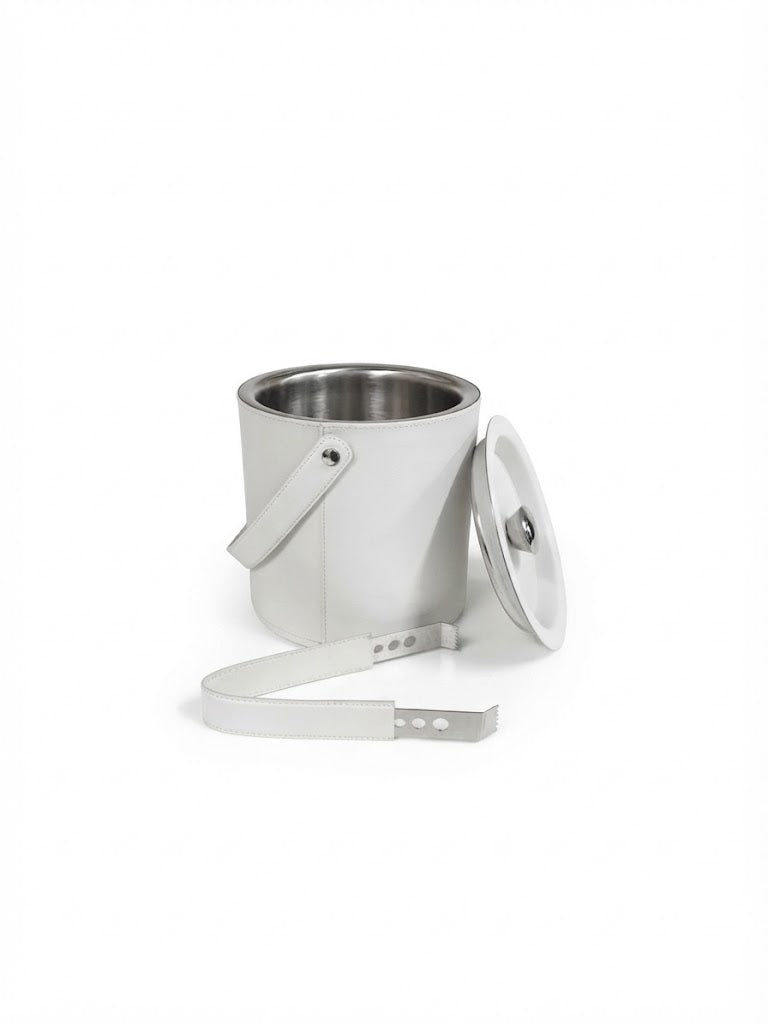 Full Grain Leather Wrapped Double Wall Ice Bucket with Tongs - White