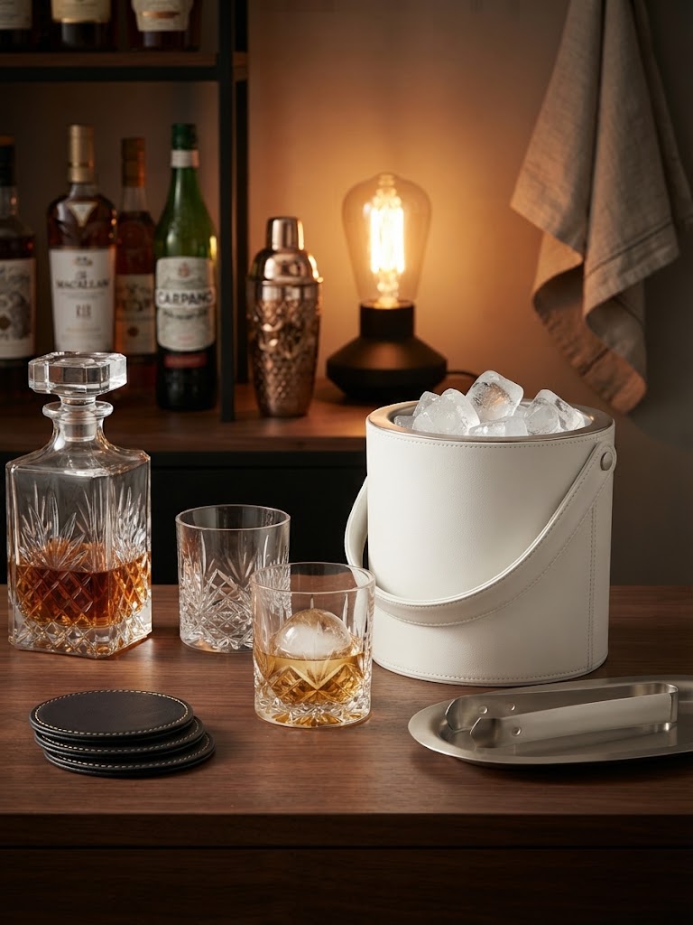 Full Grain Leather Wrapped Double Wall Ice Bucket with Tongs - White