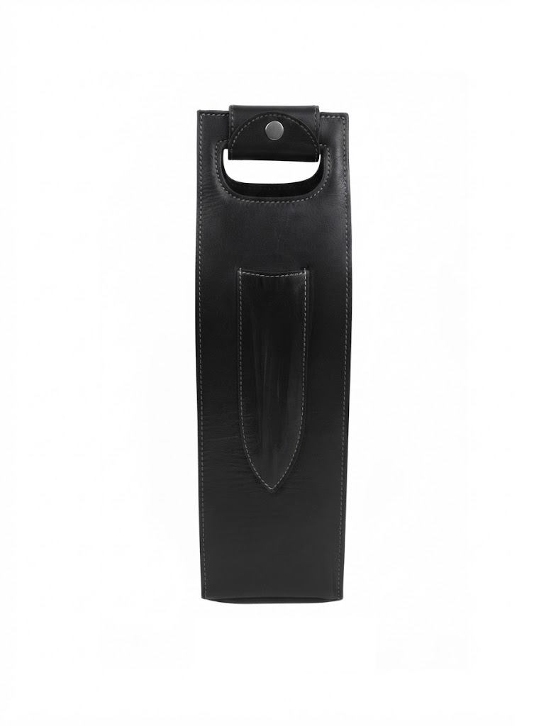 A black top grain genuine leather wine carrier with a top handle and a front pocket, shown against a plain white background.