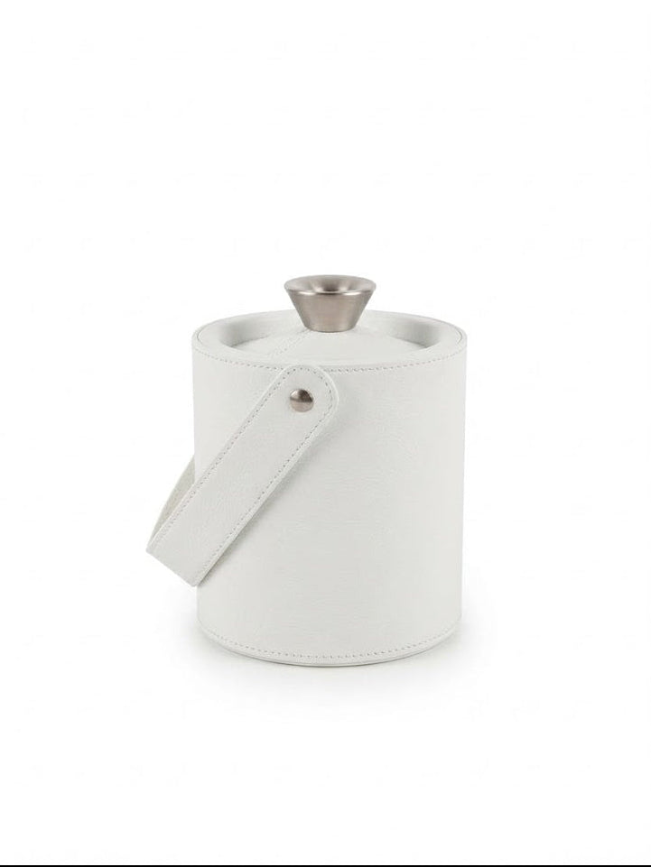 A white cylindrical leather ice bucket with a matching white handle and a silver metal top, shown on a clean white background.