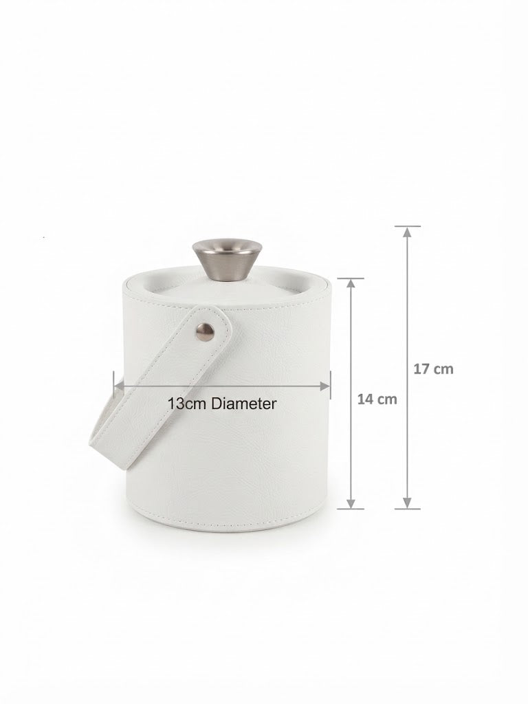 A white cylindrical flask with a silver metal cap and strap, shown with dimension lines and text indicating a 13 cm diameter, 14 cm height, and 17 cm overall height on a white background.