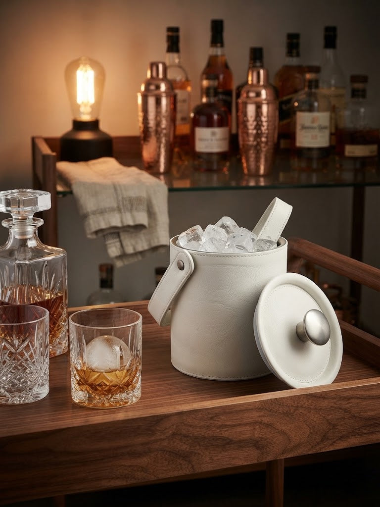 A white leather ice bucket with a lid and metal scoop, filled with ice, displayed on a wooden bar cart alongside a decanter, two glasses with whiskey, and a bar shelf in the background.