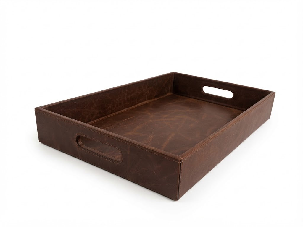 Handcrafted full grain leather serving tray in dark brown measuring 42cm by 31.8cm for coffee table decor