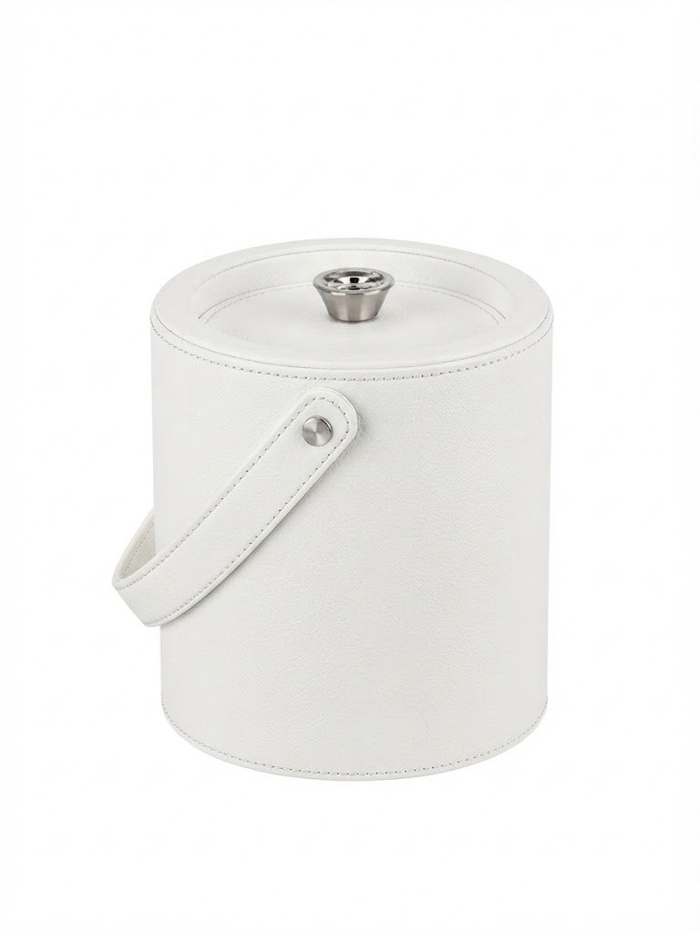 Full Grain Leather Wrapped Double Wall Ice Bucket with Tongs - White