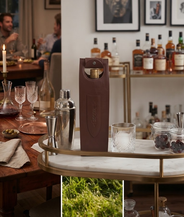 A brown top grain genuine leather bottle carrier sleeve holding a bottle, displayed on a marble and brass bar cart in a bar setting. A shaker, glasses and other bar accessories are arranged around it, with a blurred bar interior in the background.