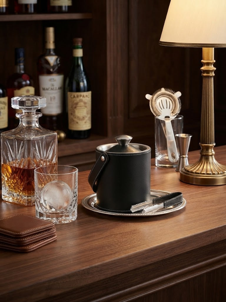 A black leather-wrapped ice bucket with a silver lid sits on a silver tray on a wooden bar counter, surrounded by a glass decanter, a glass with an ice cube, a cocktail strainer, and a brass lamp in a bar setting.