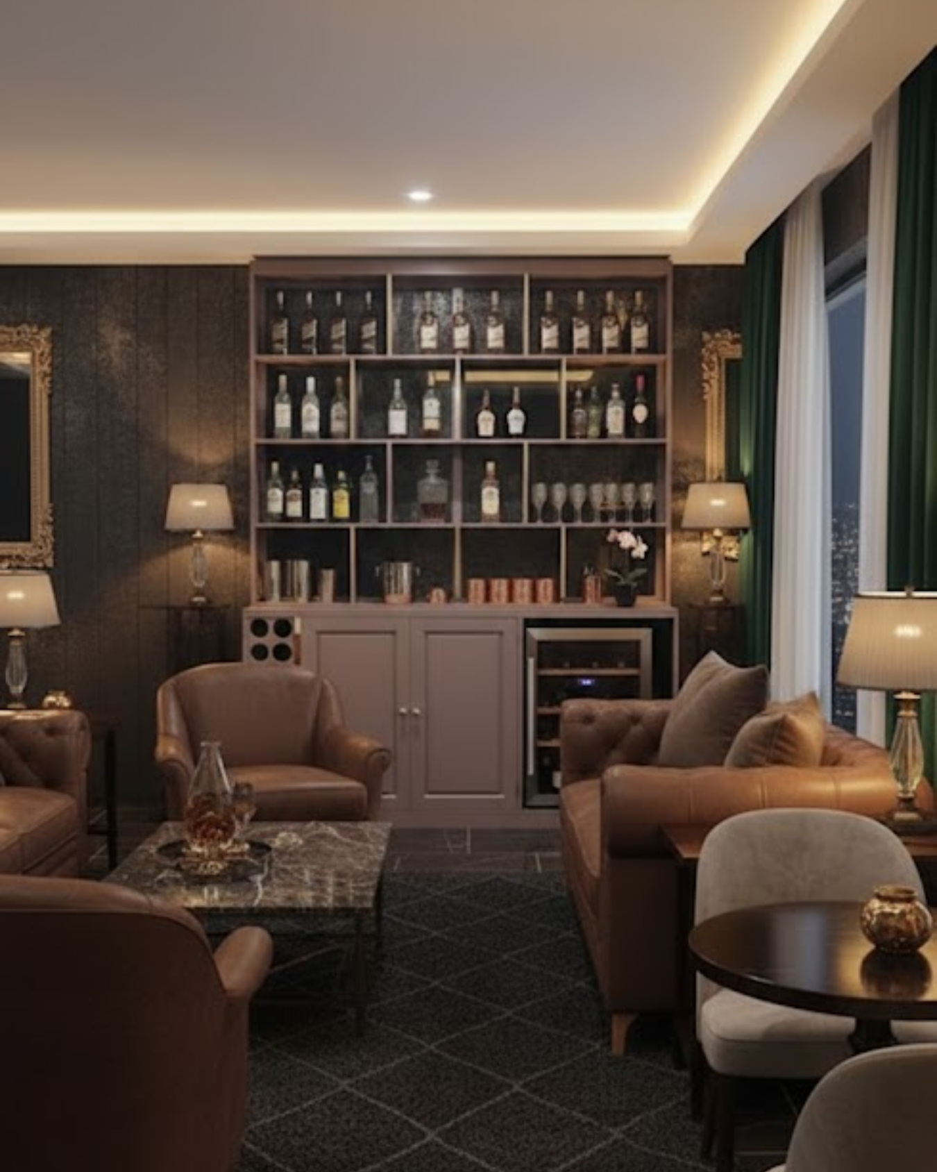 Luxury lounge with wine bottles, chairs, and a bar.