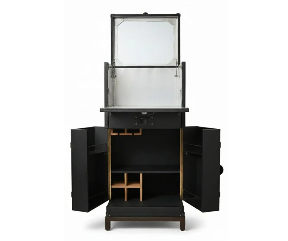 Shop the elegant Leather Bar Cabinet (Martini Trunk). Features a mirrored interior, stemware storage, and drop-down counter. Choose Black or Tan.