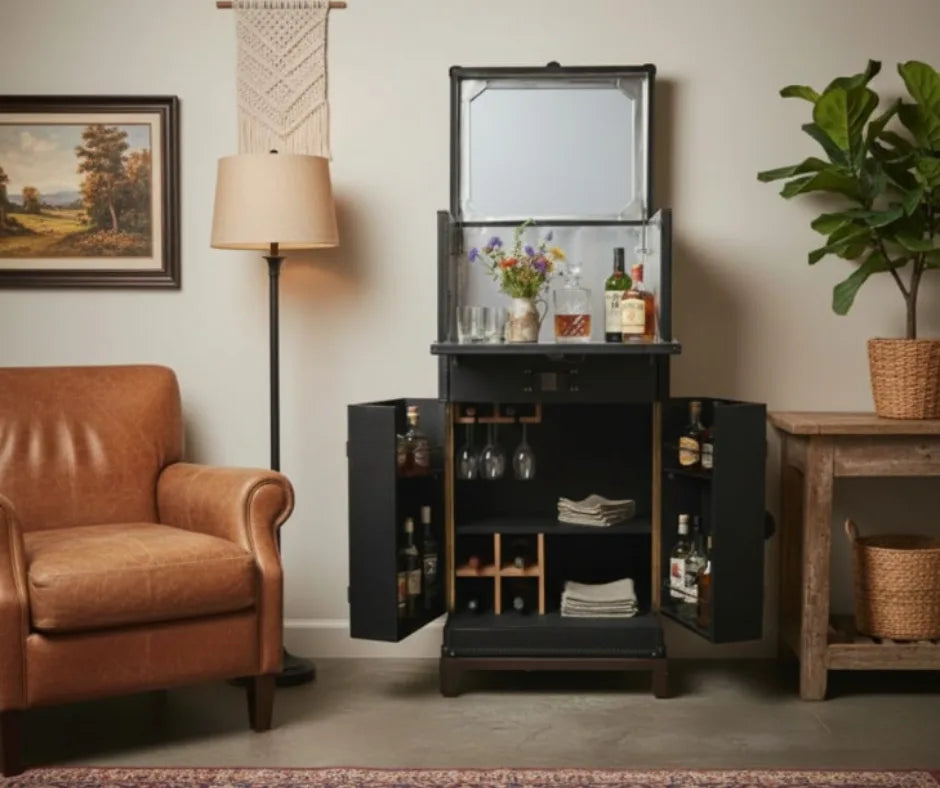 This is a luxurious, vintage-inspired Leather Bar Cabinet designed in the style of a classic steamer trunk. Available in both Black and Tan leather finishes, it is the ultimate statement piece for home entertaining