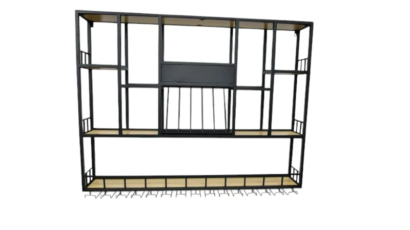 Three-tier wall bar shelf showcasing various liquor bottles and decorative bar accessories.