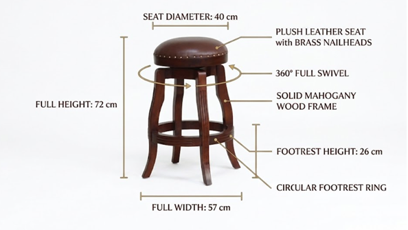 A wooden bar stool with callout labels showing dimensions and features, including seat diameter 40 cm, full height 72 cm, full width 57 cm, plush leather seat with brass nailheads, 360° full swivel, solid mahogany wood frame, footrest height 26 cm, and circular footrest ring.
