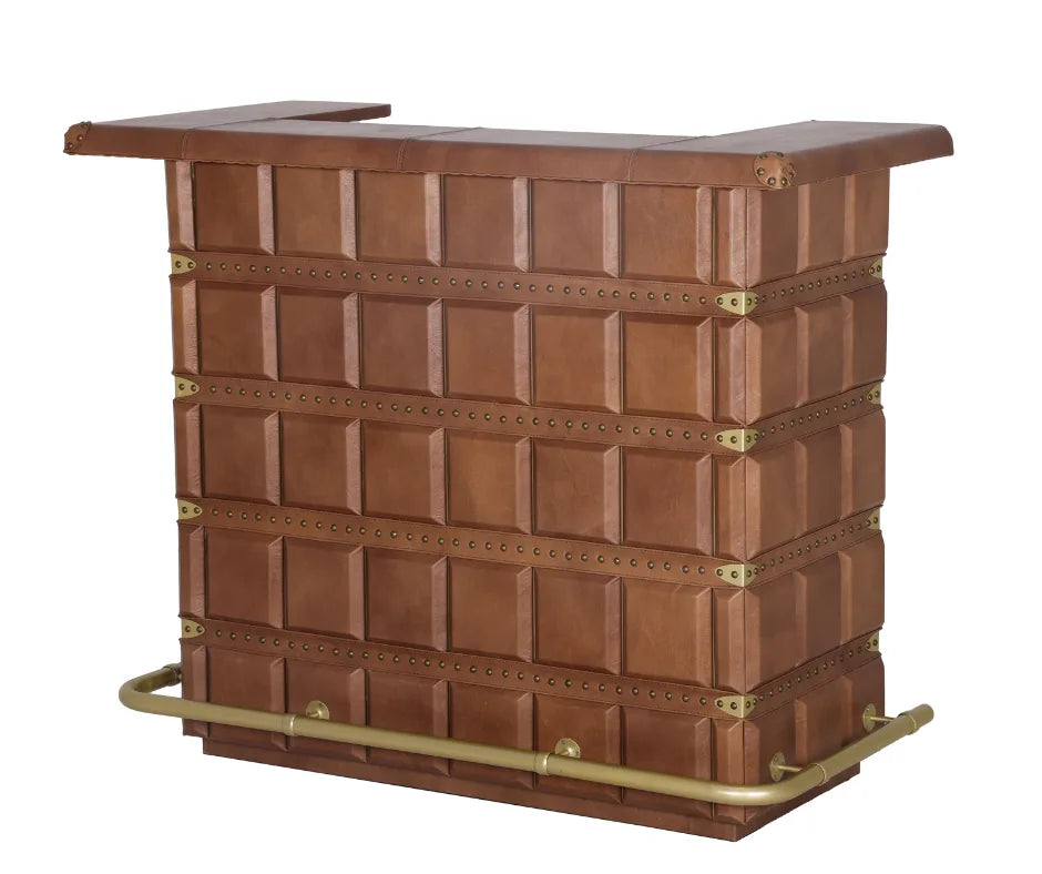 Luxury Campaign Style Leather Bar Counter in rich brown, featuring brass hardware, paneled design, and organized interior with wine rack storage.