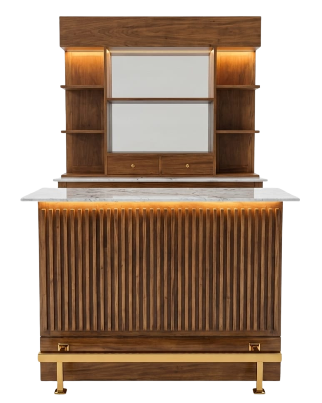 Wooden bar cabinet with marble countertop on a white background