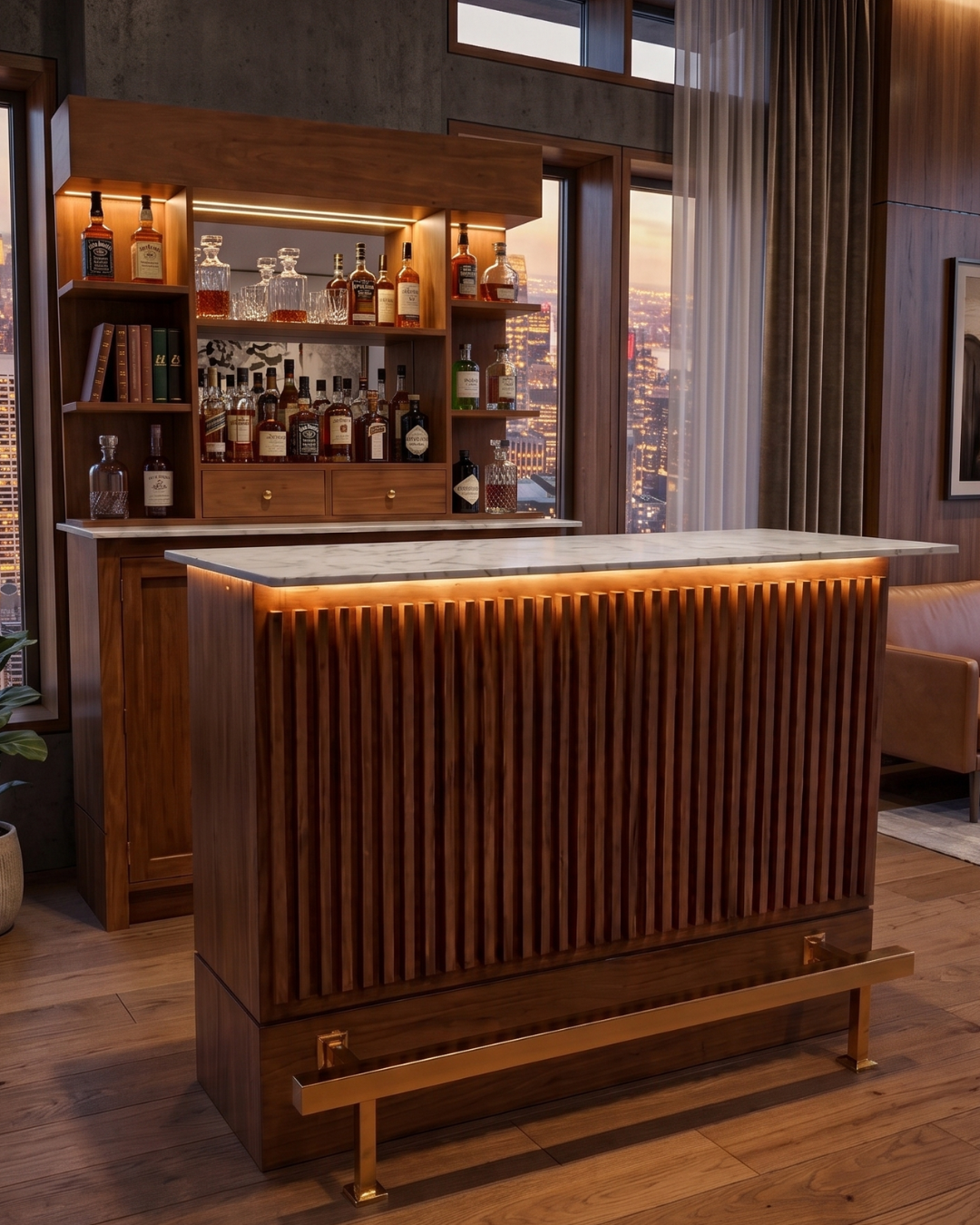 Modern bar setup with wooden cabinet and shelves filled with bottles in a stylish room.
