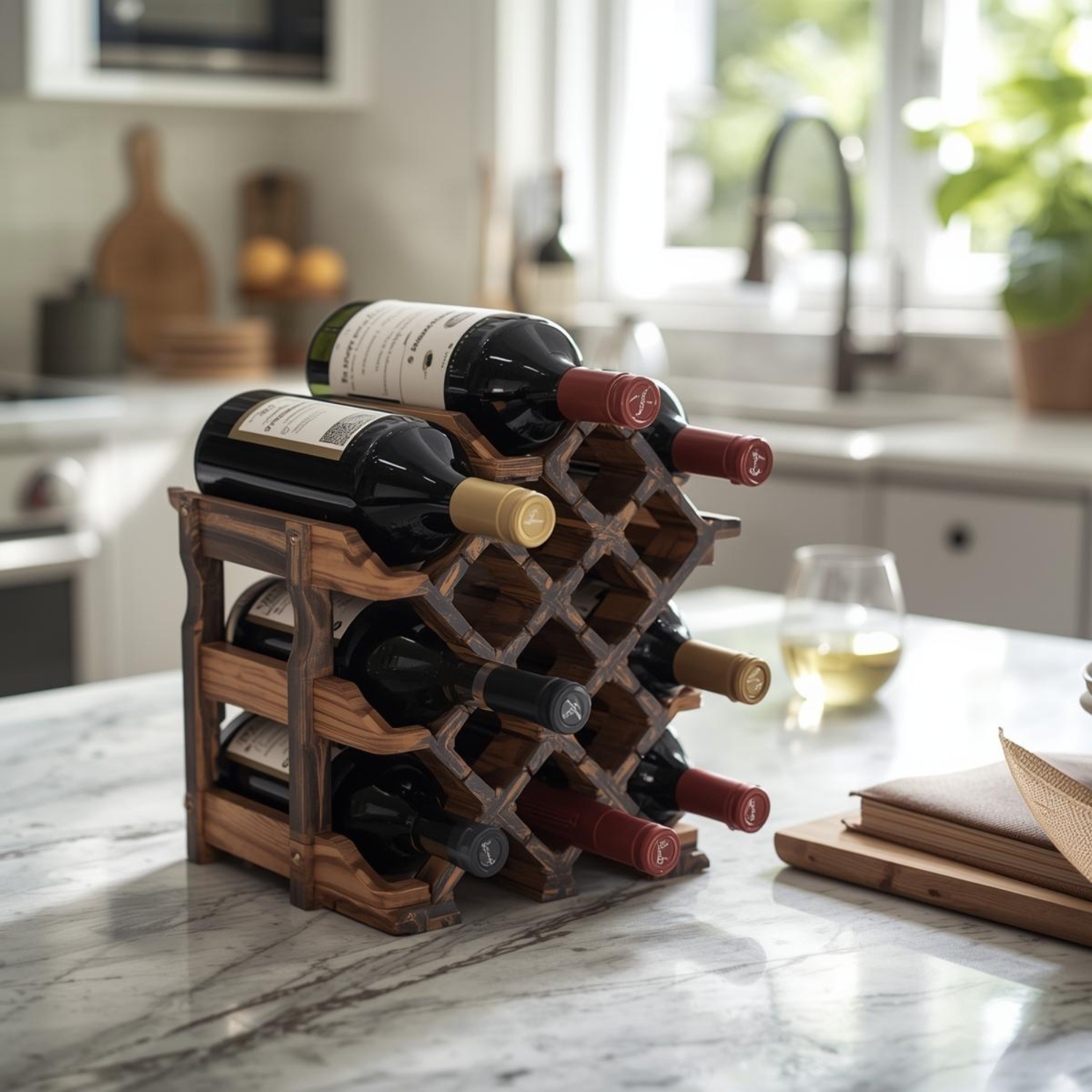 Wooden wine rack with bottles on a kitchen counter