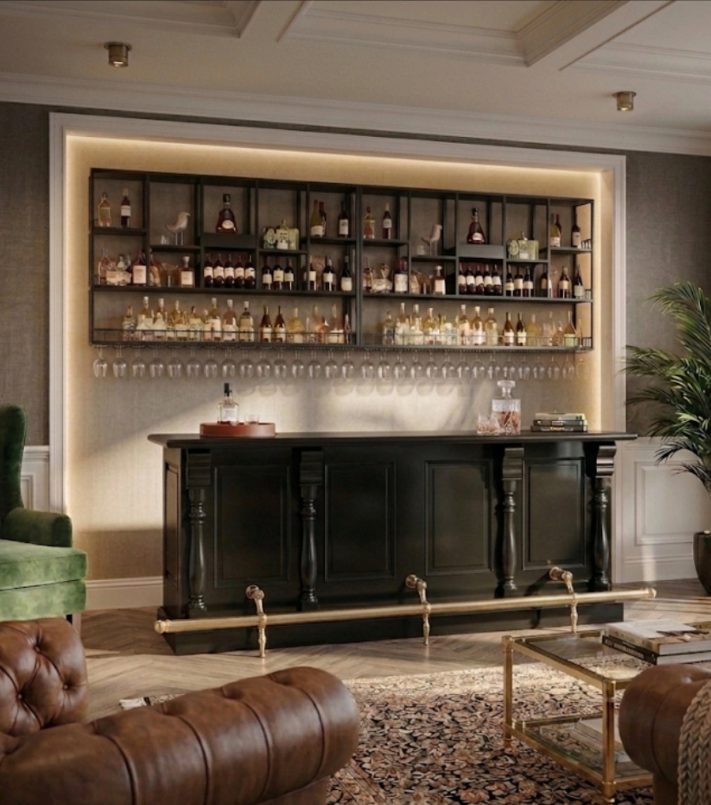A luxury home bar setup in a modern living room, featuring a black wood bar counter with brass faucets, a backlit wall-mounted shelving unit filled with bottles, leather tufted seating, and a patterned rug.