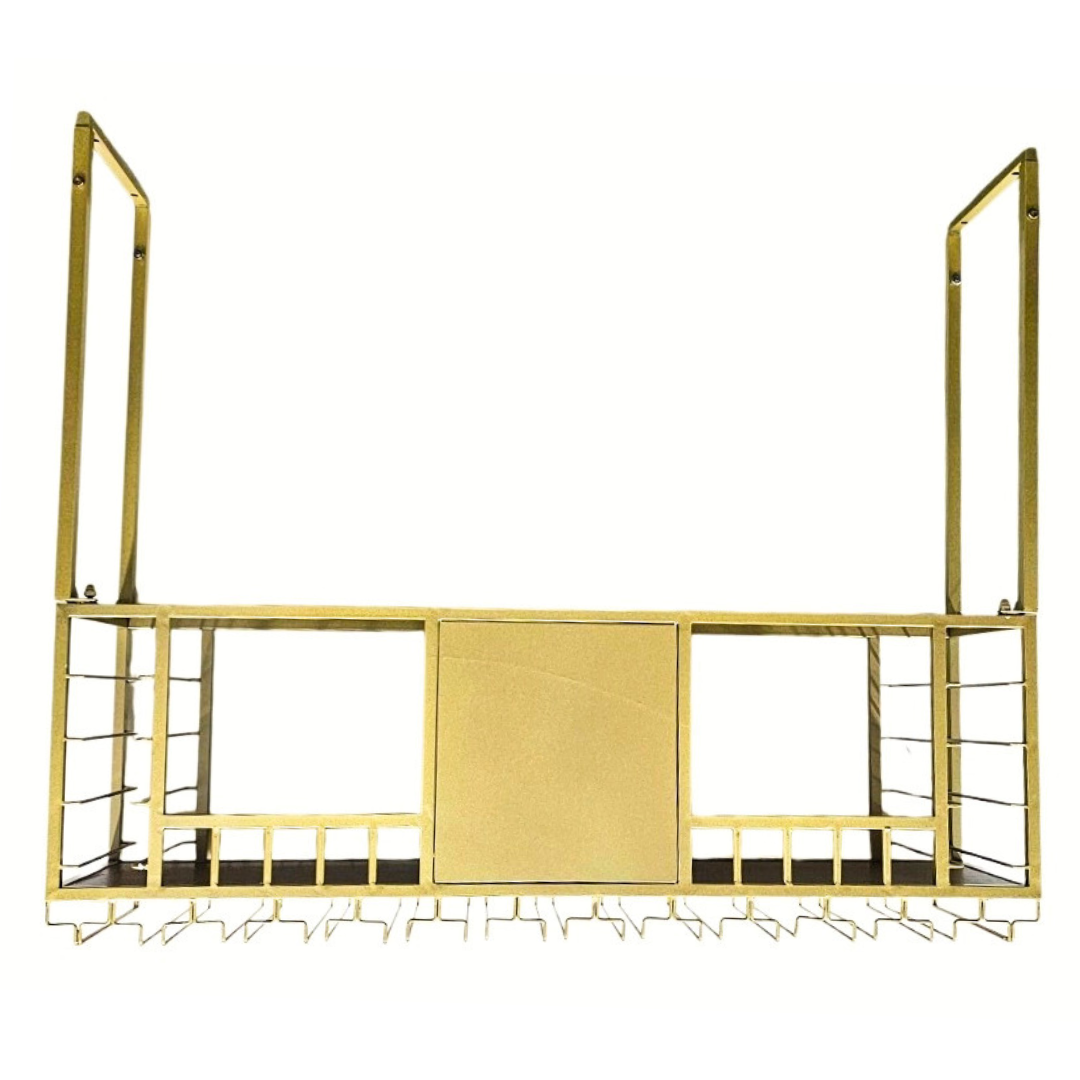 This ceiling-mounted hanging gold wine and liquor rack is a striking addition to any home or commercial space.