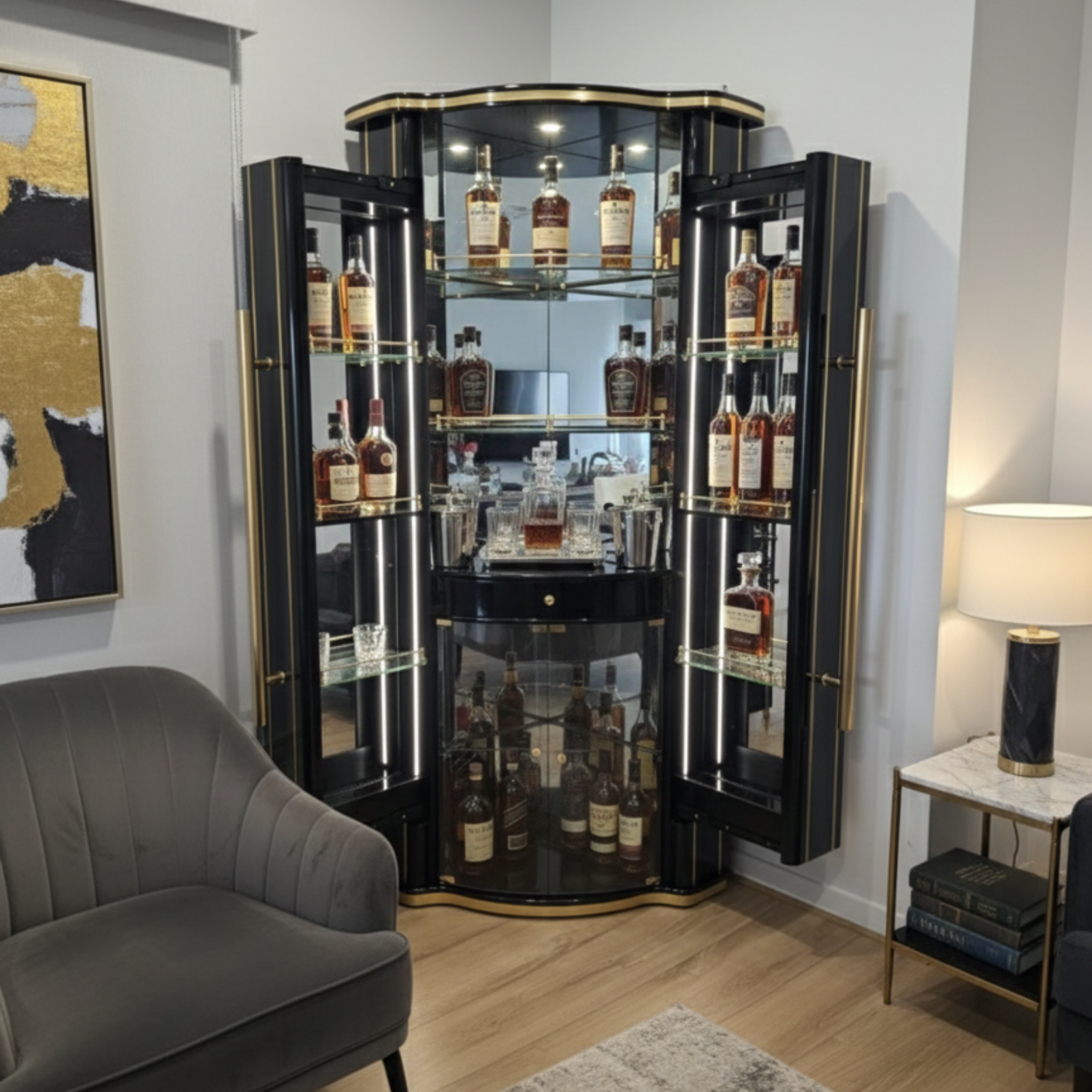 Chivas Corner Pull Out Bar Cabinet – Black