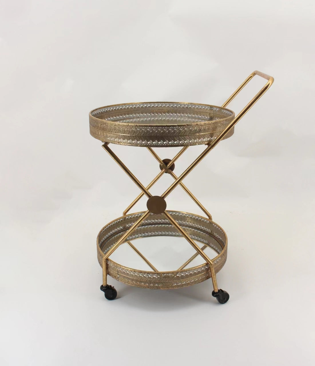 Featuring two round shelves and a stylish gold finish, this versatile serving cart is perfect for transporting drinks, appetizers, or other hors d'oeuvres around your home with ease.