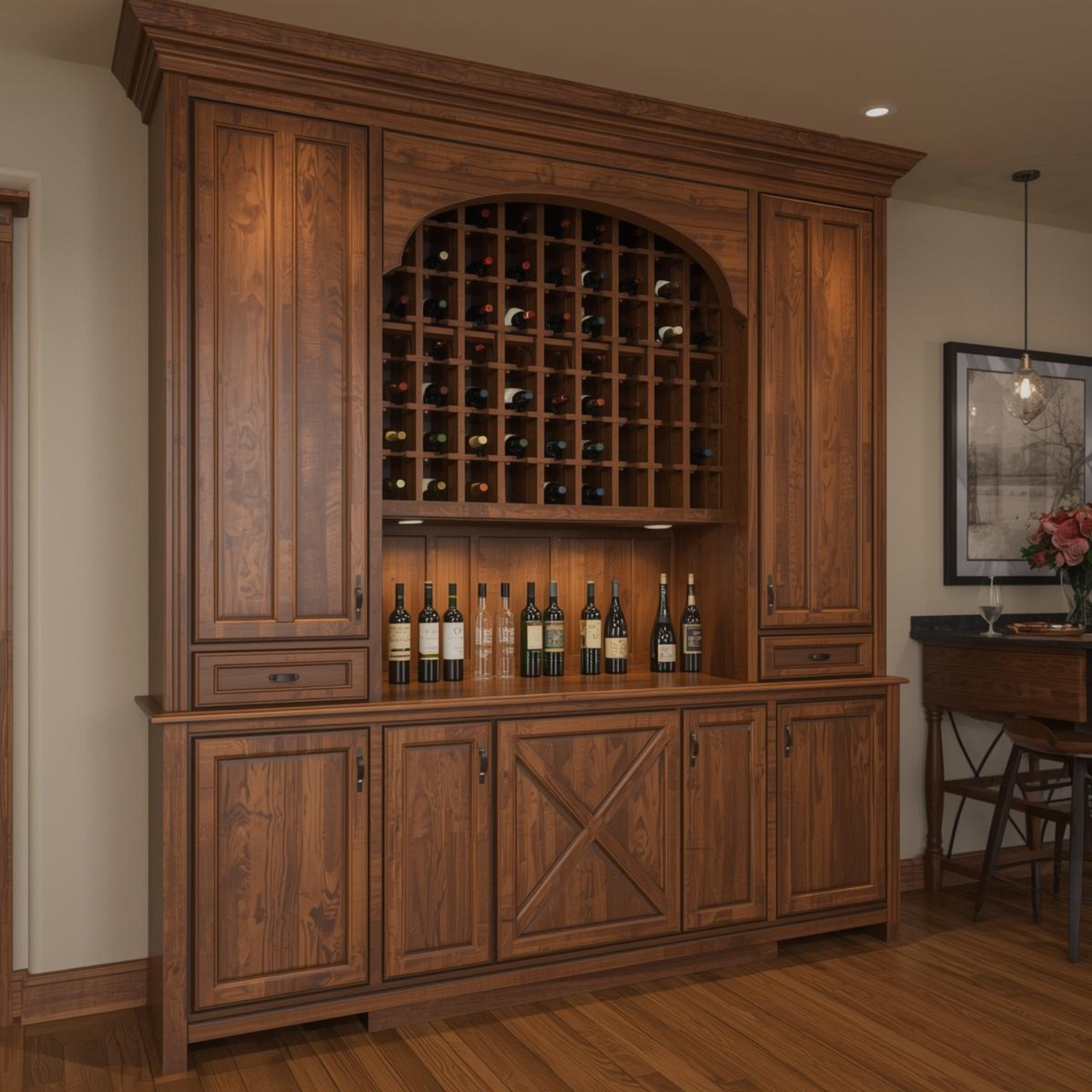 Wooden wine cabinet with bottles inside, placed in a room with a table and decor.