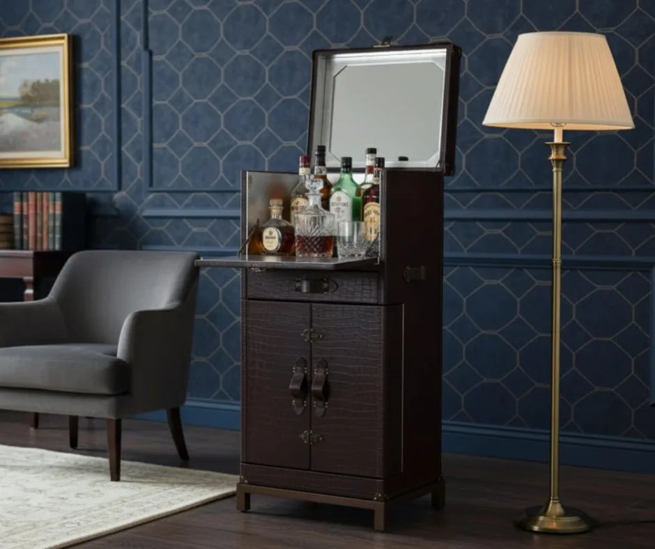 Prestige Martini Crocodile Leather Bar Trunk | Luxury Liquor Cabinet & Wine Storage