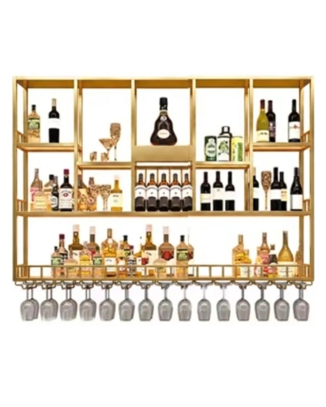 Modern Wall Bar Shelf with Glass Rack – Floating Gold Liquor Display